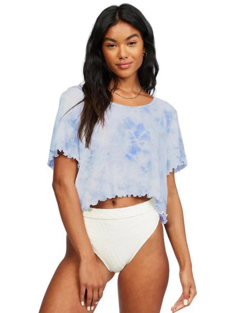 NWT Medium Billabong Breeze By Light Blue Tie-Dye Ruffle Hem Cropped Tee!